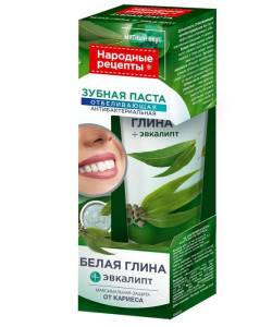 Народные Рецепты зубная паста отбеливающая антибактериальная белая глина+эвкалипт 75мл 